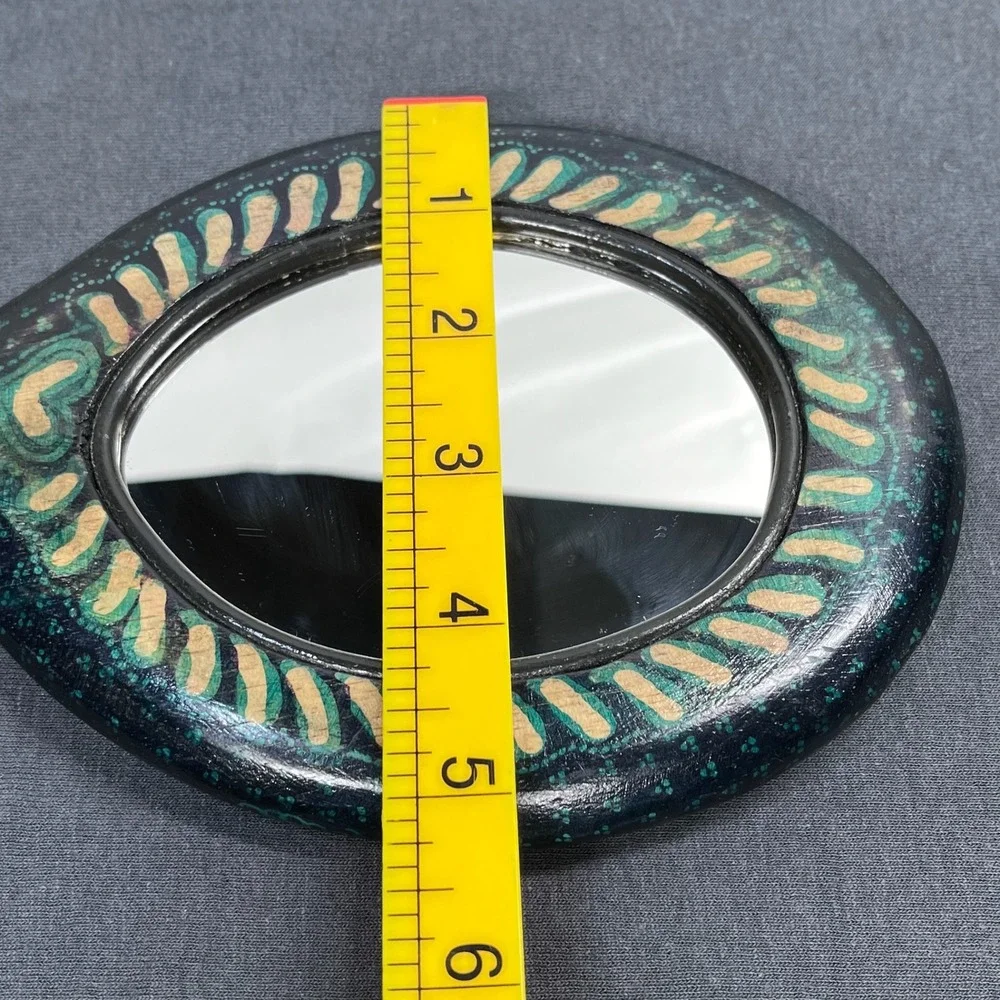 Hand Painted Wood Hand Mirror Teal Floral Folk Art Bohemian Vanity Accessory